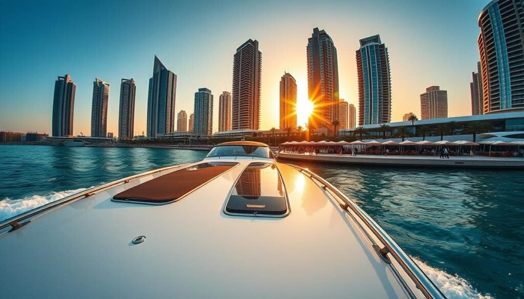 Boat tour off Dubai at sunset