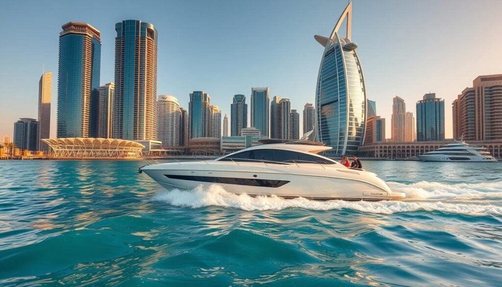 Yacht cruising through Dubai Marina