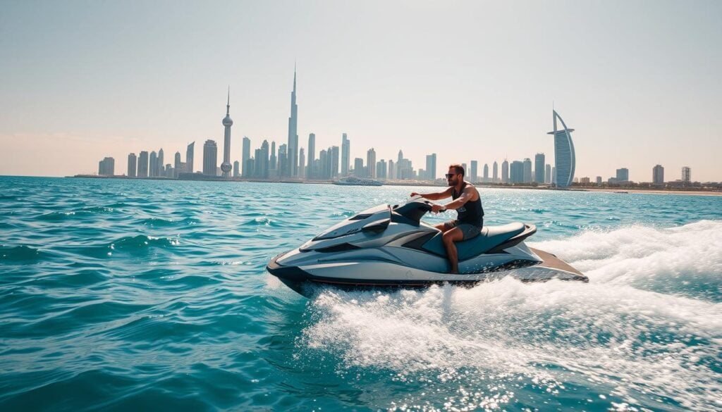Jet ski in front of the Dubai skyline