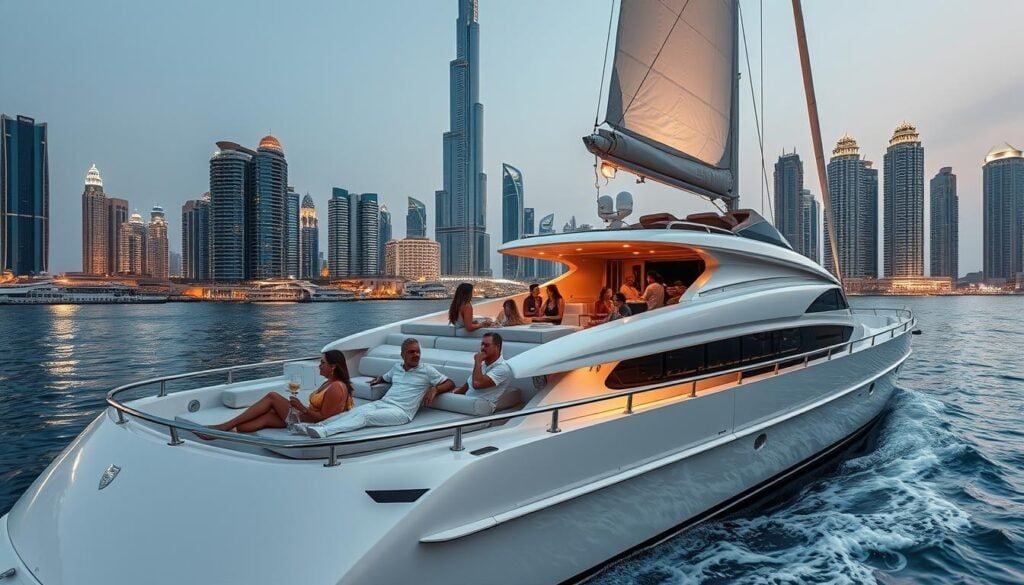 Guests on deck during a Dubai yacht cruise